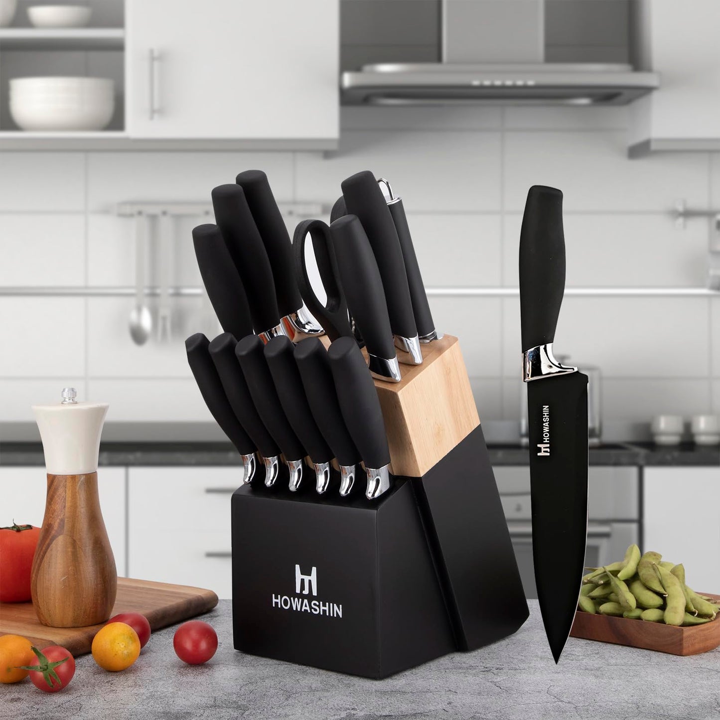 Black Knife Set, Howashin 15 Pieces Knife Sets for Kitchen with Block, Dishwasher Safe Kitchen Knife Set with Sharpener, German Stainless Steel Black Knife Block Set