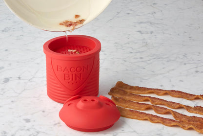 Talisman Designs Bacon Bin Grease Strainer & Collector | Family Friendly Kitchen Tools | Fun & Functional Silicone Grease Container | Holds up to 1 Cup | Red
