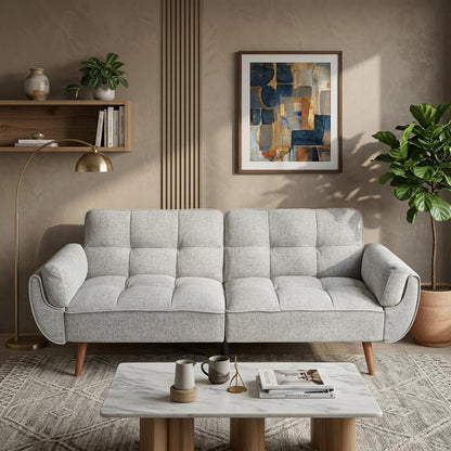 Trygoal Convertible Futon Sofa Bed, Modern Futon Couch with 2 Pillows, Small Futons Couch with Adjustable Armrest & Backrest, Loveseat Sofa Bed for Living Room, Bedroom, Gray