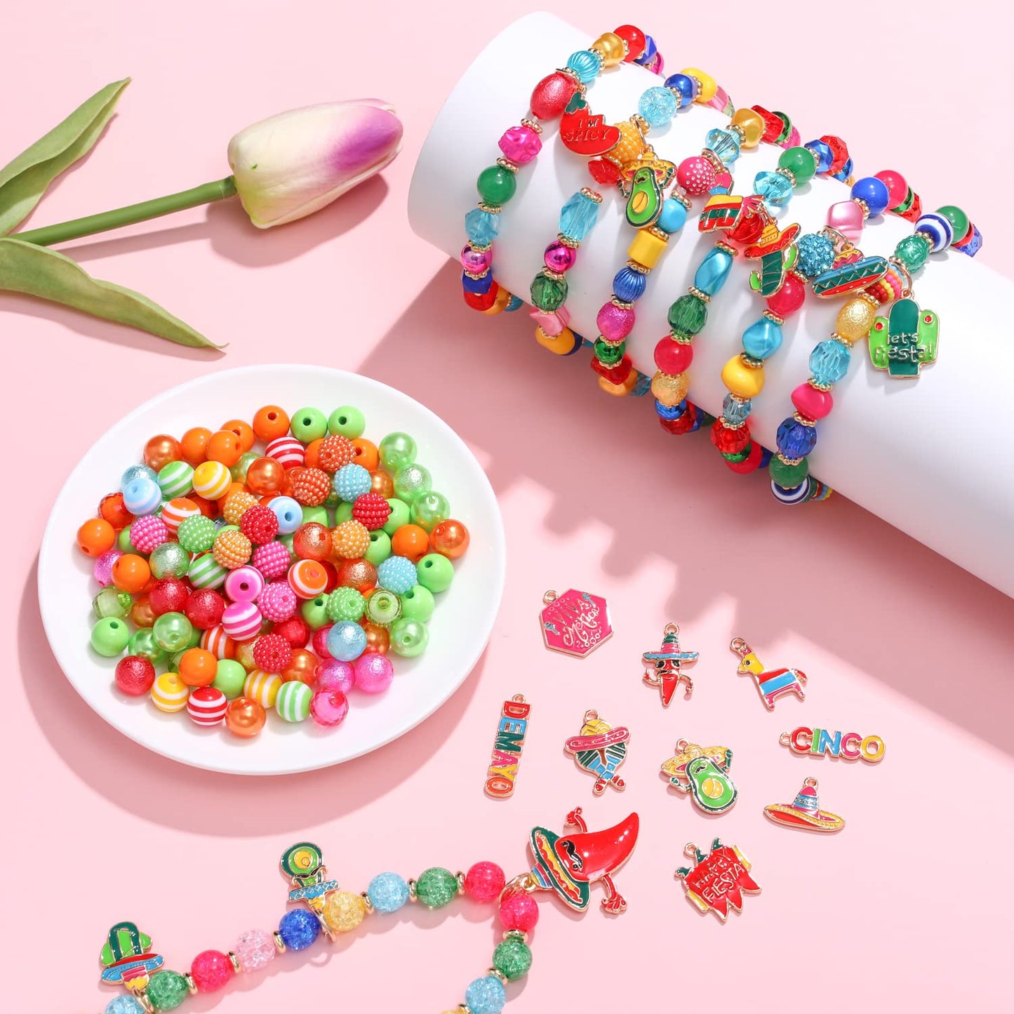 3250PCS+ Mexican Beads for Jewelry Making, Cinco De Mayo Clay Beads Colorful Pearl Acrylic Crystal Pony Beads Enamel Fiesta Chili Sombrero Charms for Bracelet Necklace Making DIY Crafts Accessory