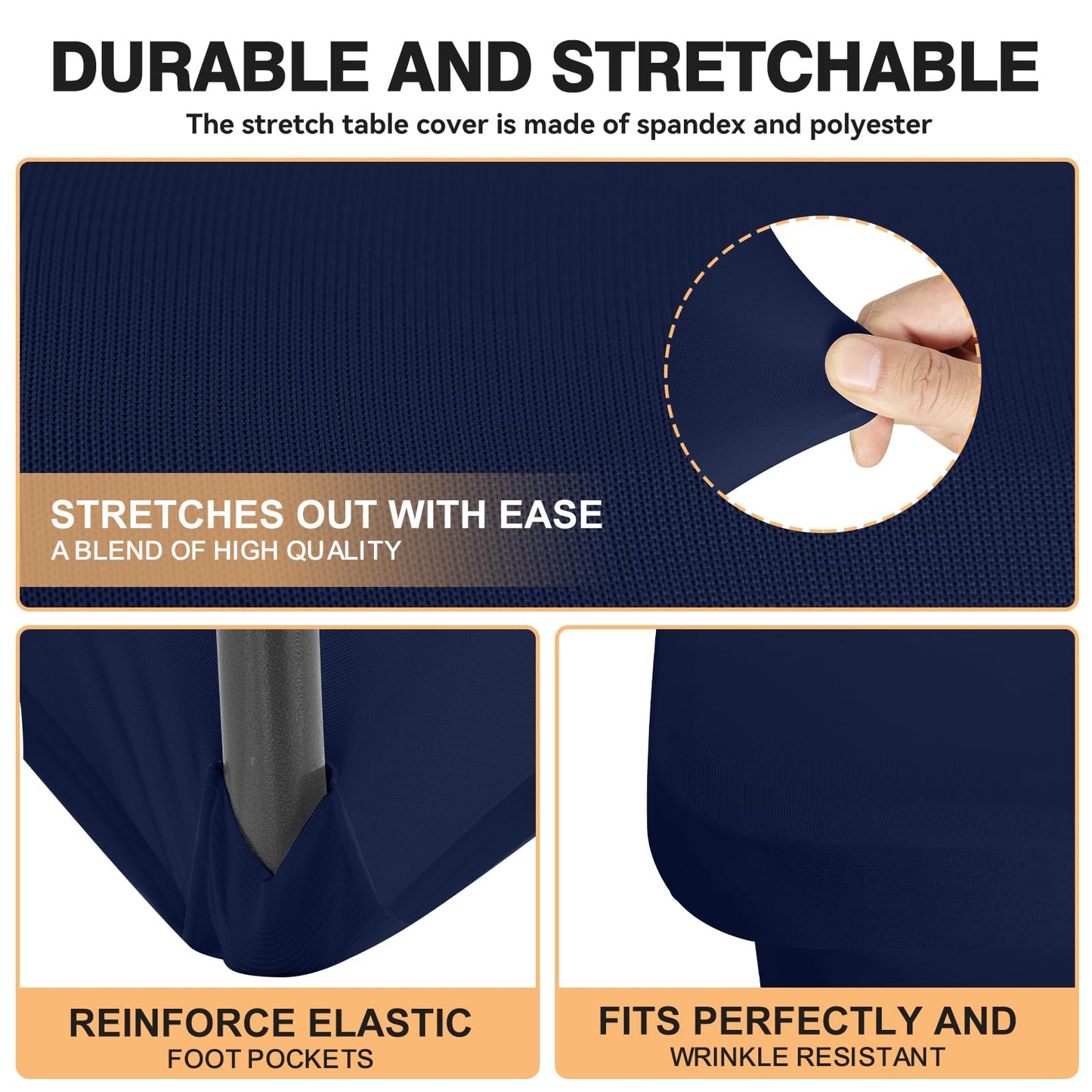 10 Pack 6 Feet Navy Spandex Tablecloth for Rectangular Tables, Fitted & Stretch, Washable, Wrinkle Resistant, Perfect for Event, Wedding, Party, Banquet, Cocktail, Festival, and Table Protector