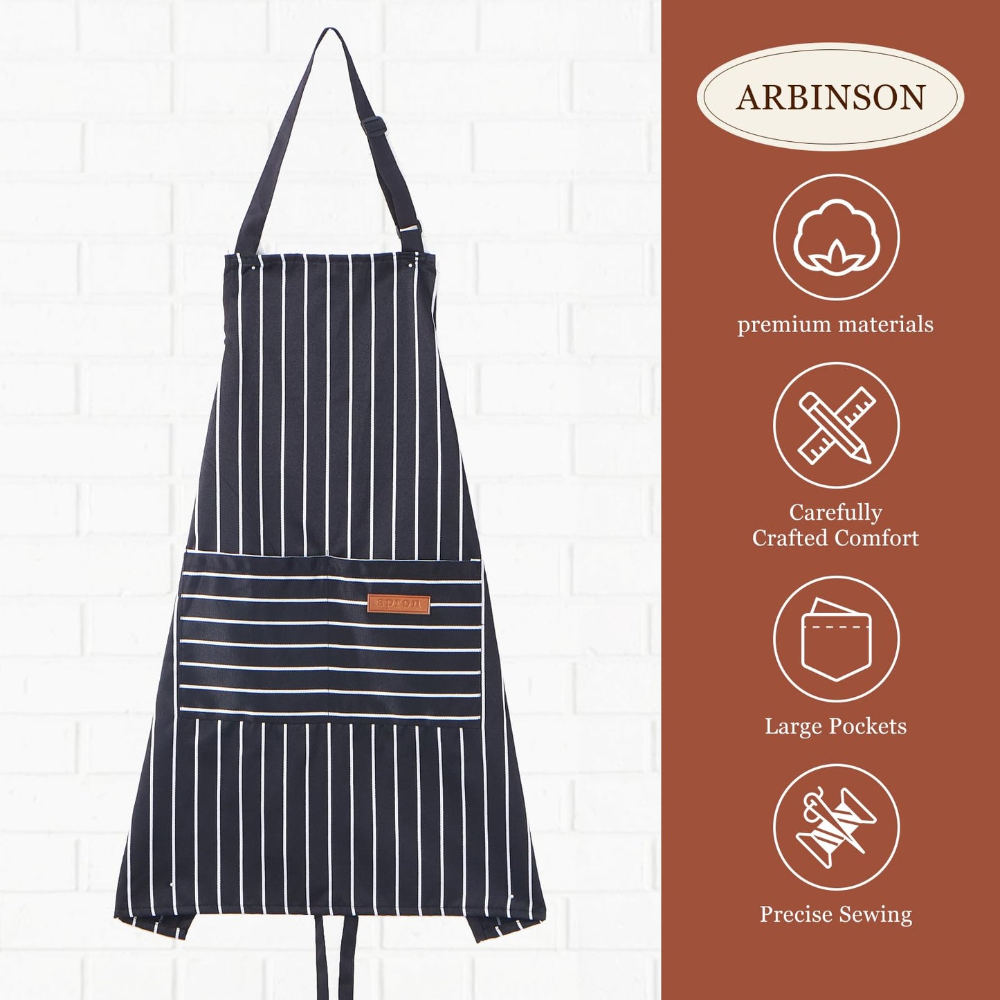 ARBINSON 2 Pack Cooking Aprons Adjustable Bib Apron for Women with 2 Pockets, Kitchen Restaurant Men Chefs Aprons (Black/Wine Stripes)