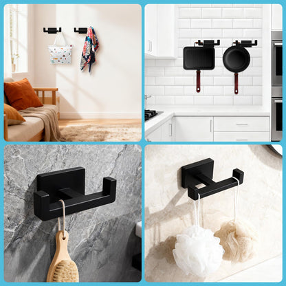 Dirvcp Double Towel Hook, Stainless Steel Wall Mounted Bathroom Hooks, Matte Black Coat Robe Hanger for Kitchen, Hotel, Pool