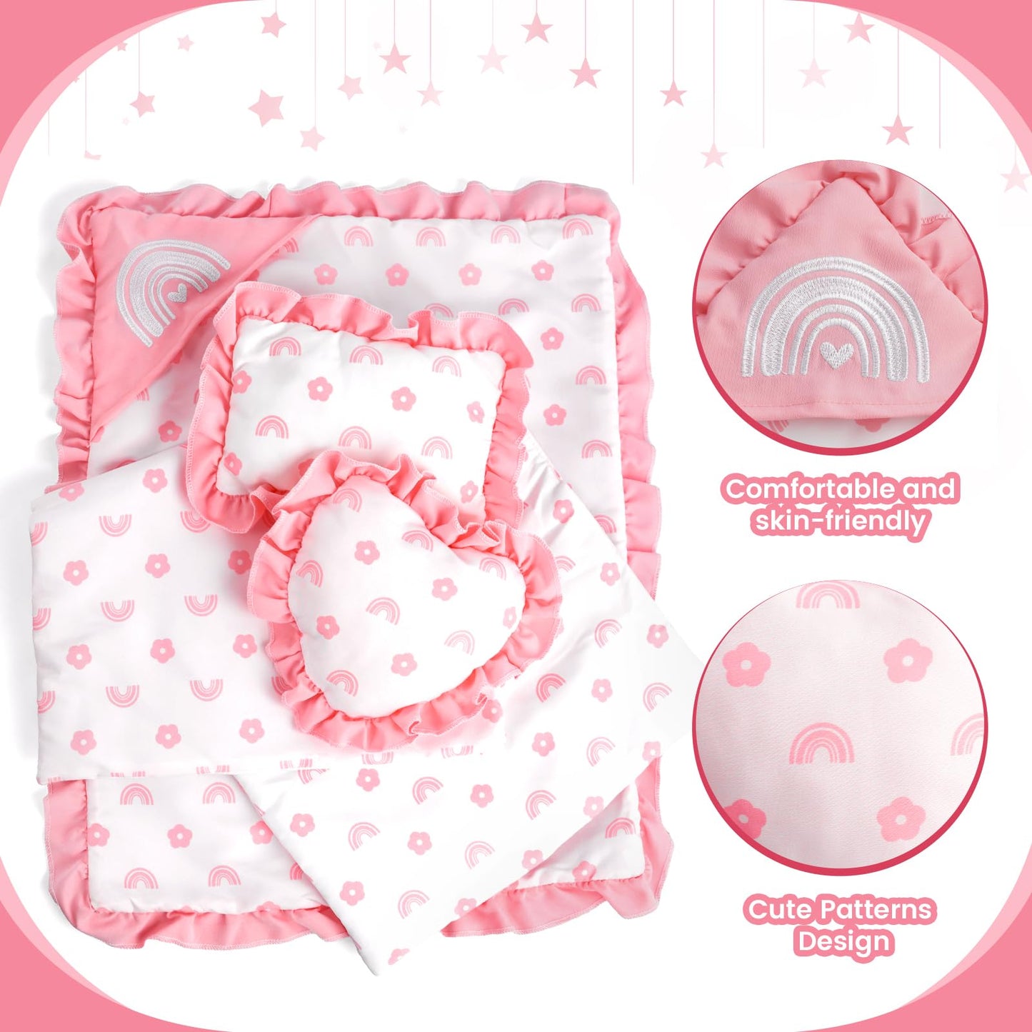 BABESIDE 4 Pcs Baby Doll Bedding Set for 17-22 Inch Babydolls, Babydoll Bed Accessories Dolls Blankets with Pillows for Reborn Baby Doll Accessories, Pink Flower & Rainbow Patterns