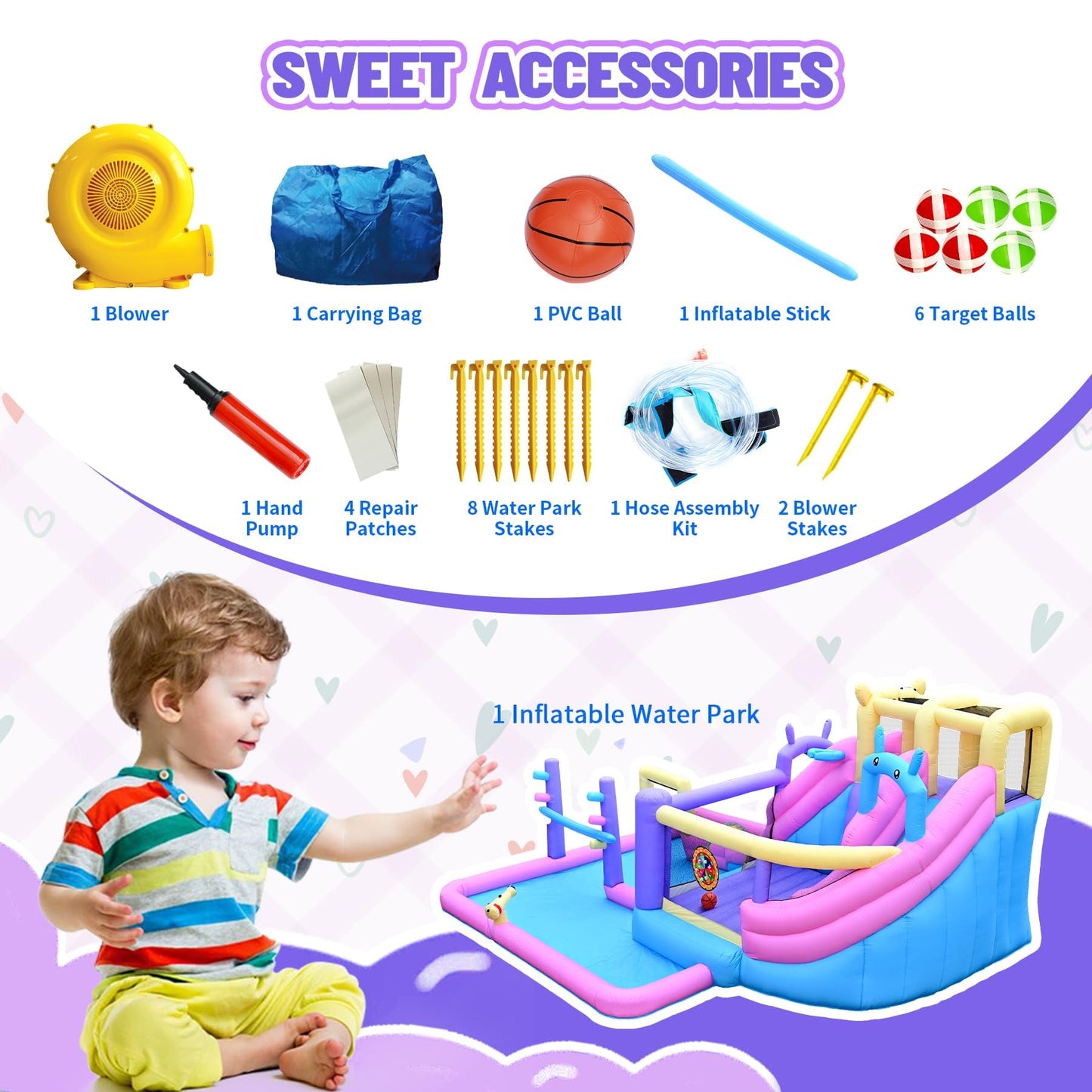 Easyair Inflatable Bounce House Water Slide Combo, Blow Up Water Slides for Backyard, Kids Jumper with Climbing Wall, Basketball Hoop, Splash Pool with Blower
