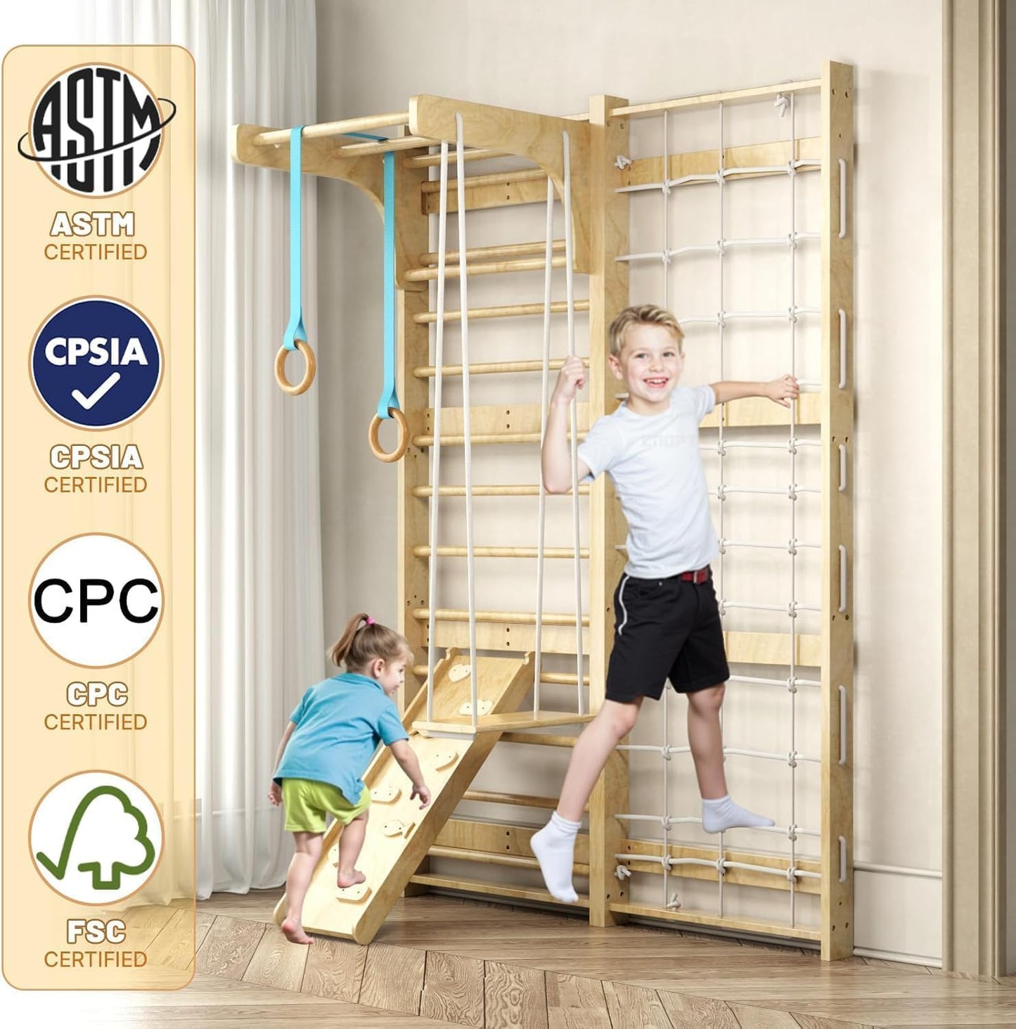 7-in-1 Swedish Ladder, Wooden Climbing Wall Ladder for Kids and Adults, Montessori Climber Playset with Pull-Up Bar, Indoor Climbing Gym, Kids Playground