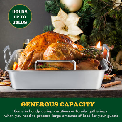 E-far Roasting Pan, 16 x 11.5 Inch Stainless Steel Turkey Roaster with V-shaped & Flat Rack, Non-toxic & Heavy Duty Deep Broiling Pan, Dishwasher Safe - Large
