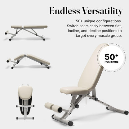 WeGym Collapsible Workout Bench, Adjustable Fitness Bench with 50 Configurations, Vegan Leather, Extra Wide 14in Seat for Home Gym Strength Training (Sandstone)