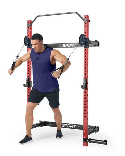 PeacefulHues Folding Wall Mounted Squat Rack, 1000 Pounds Capacity Power Rack with Pull Up Bar, J Hooks and Other Attachments, Space Saving Multi-Functional Power Cage for Home Gym