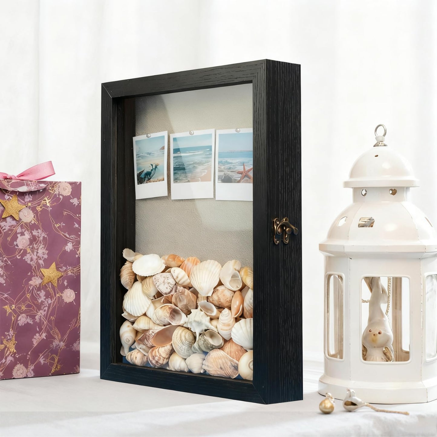 11x14 Black Shadow Box Frame - 1.57" Deep Wooden Display Case for Wedding Memory Box, Flowers and Pictures - Front Opening Glass Door with Lock and Linen Back