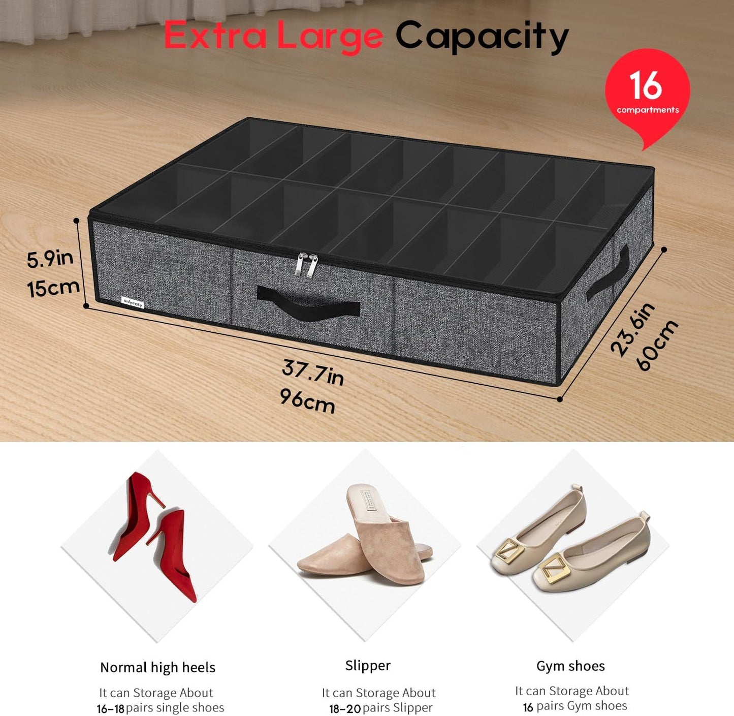 16 32 Closet, 37.7x 23.6x 5.9 inch, MXBUBS16P2 Onlyeasy Sturdy Under Bed Shoe Storage Organizer with Handles and Clear