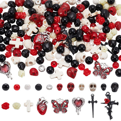 SUNNYCLUE 263Pcs Skull Beads Skeleton Beads Natural Lava Rock Cross Charms Black Red White Halloween Gothic Rose Flower Spacers for Jewelry Making Bracelets Necklaces DIY Crafts Gift Holiday Women