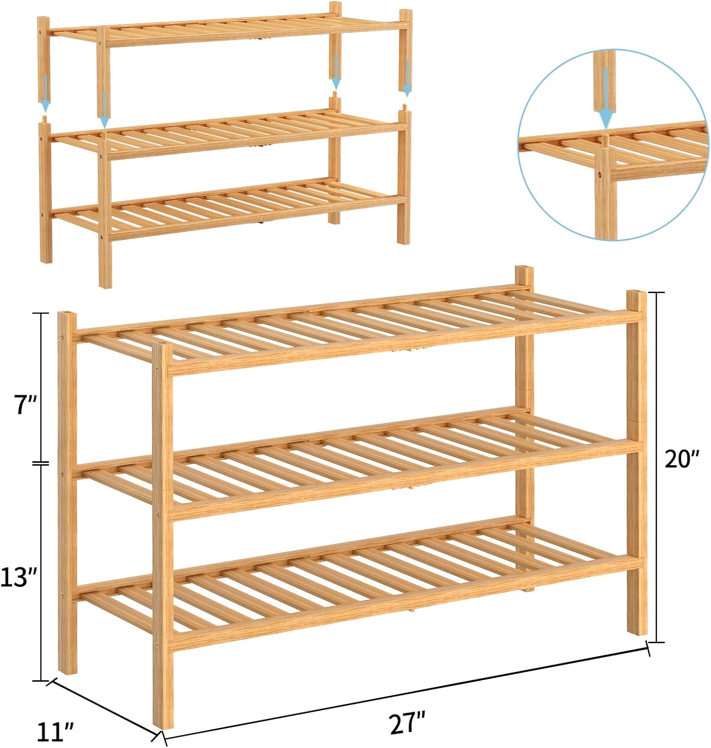3 Closet RONGJlA Tier Bamboo Shoe Rack for Free Standing Wood Shoe Shelf Storage Organizer for Entryway Small Space