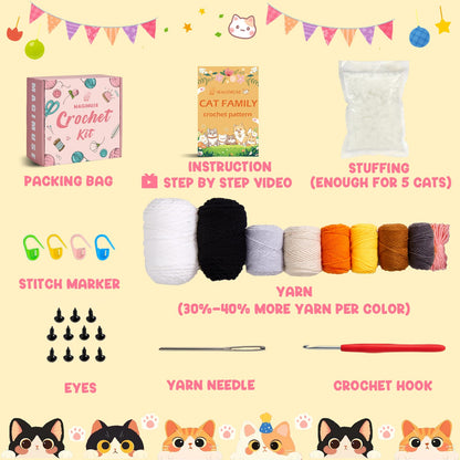 MAGIMUSE Crochet Kit for Beginners, Beginner Crochet Kit with Step-by-Step Video Tutorials, DIY Crochet Animal Kits Amigurumi Craft Knitting Supplies, 5 Pack Cats (40%+ Yarn)
