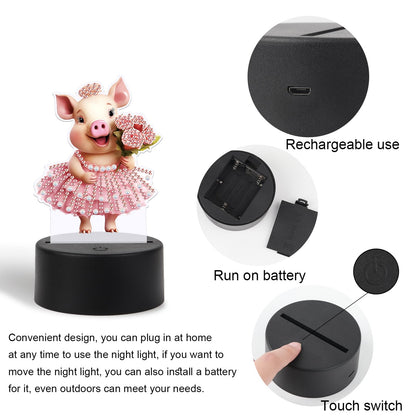 JISHSHAY Diamond Painting Night Light Diamond Art Table Lamps Gem Art LED Lights Gem Painting Desk Lamp Mosaic Kits for Adults DIY Kits for Adults Paint by Numbers with Special Drills Pig Skirt