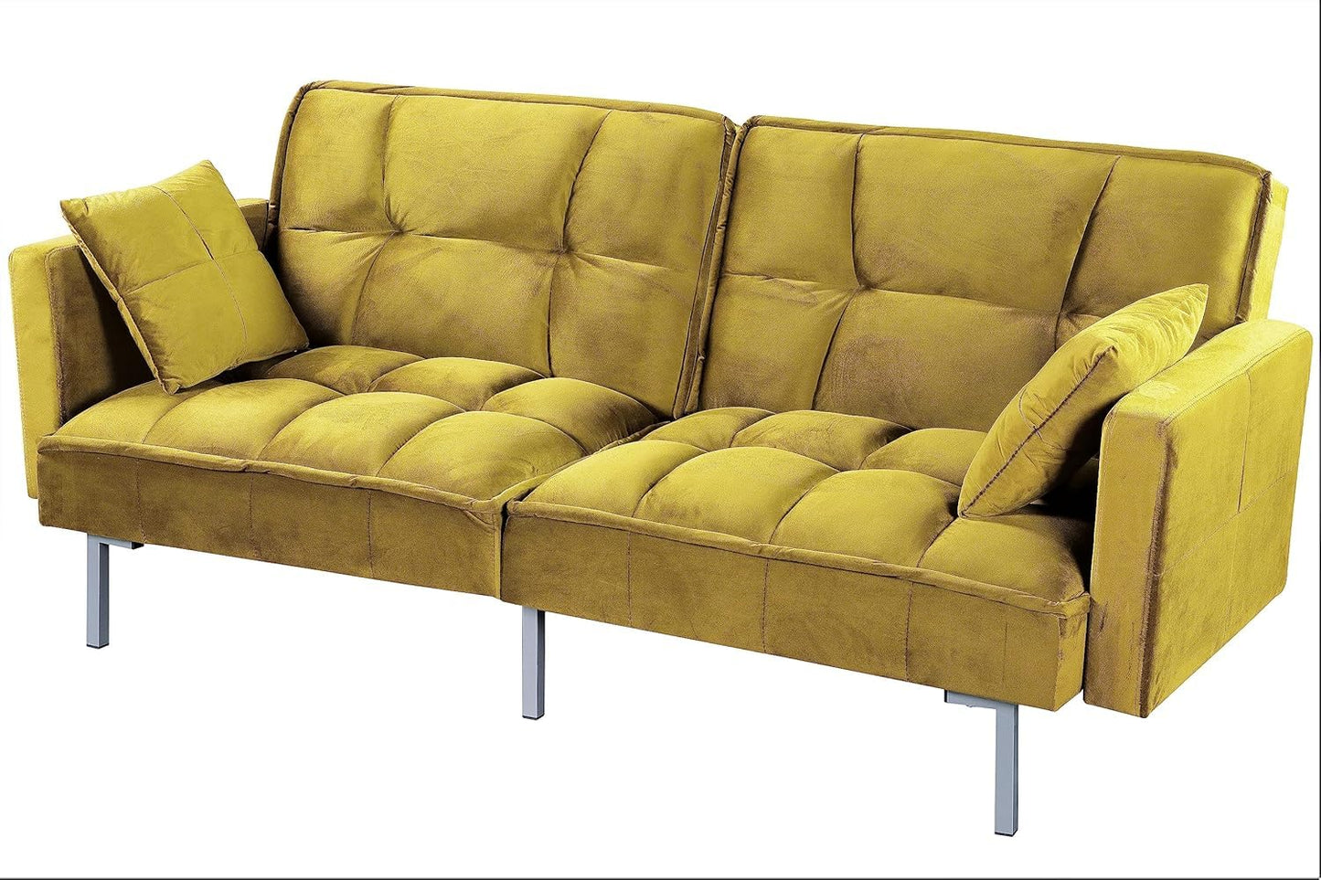 Container Furniture Direct Regal 75.6" Velvet Convertible Sofa Bed - Mid-Century Sleeper Couch w/Tufted Design & Metal Legs - Pull-Out Futon for Guests/Home (75.6"W x 34.6"D x 32"H), Greenish Yellow