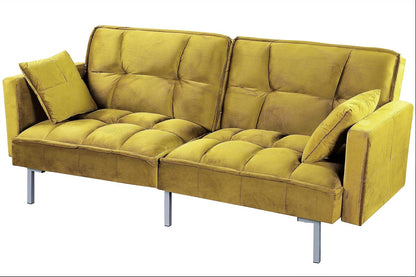 Container Furniture Direct Regal 75.6" Velvet Convertible Sofa Bed - Mid-Century Sleeper Couch w/Tufted Design & Metal Legs - Pull-Out Futon for Guests/Home (75.6"W x 34.6"D x 32"H), Greenish Yellow