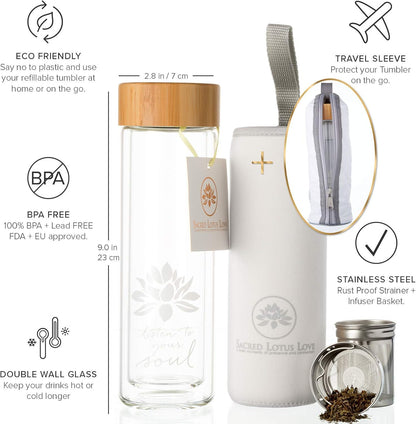15oz Cozy Sacred Lotus Love Double-Walled Glass Tea Tumbler with Infuser and Strainer - Perfect for Loose Leaf Tea