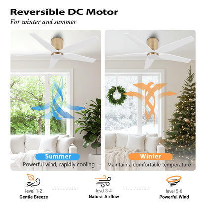 LEDLUX 54" Ceiling Fan with Light - Low Profile Flush Mount Ceiling Fan, 6-Speed Remote Control, Solid Wood, Quiet Reversible DC Motor, White/Gold Finish, for Bedroom, Living Room, Porch