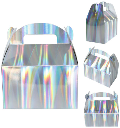 Naleyber Shiny Rainbow Party Favor Boxes 24pcs Iridescent Silver Gift Gable Treat Boxes Candy Snacks Goodie Bags Cookie Box for Birthday Wedding Christmas Baby Shower