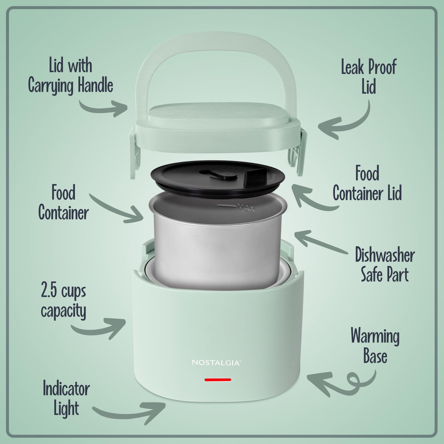 Nostalgia Portable Heated Lunch Box – 2.5-Cup Stainless Steel Food Warmer – Detachable Cord, Leak-Proof Lid, Carry Handle – Portable for Work & Travel – Sage