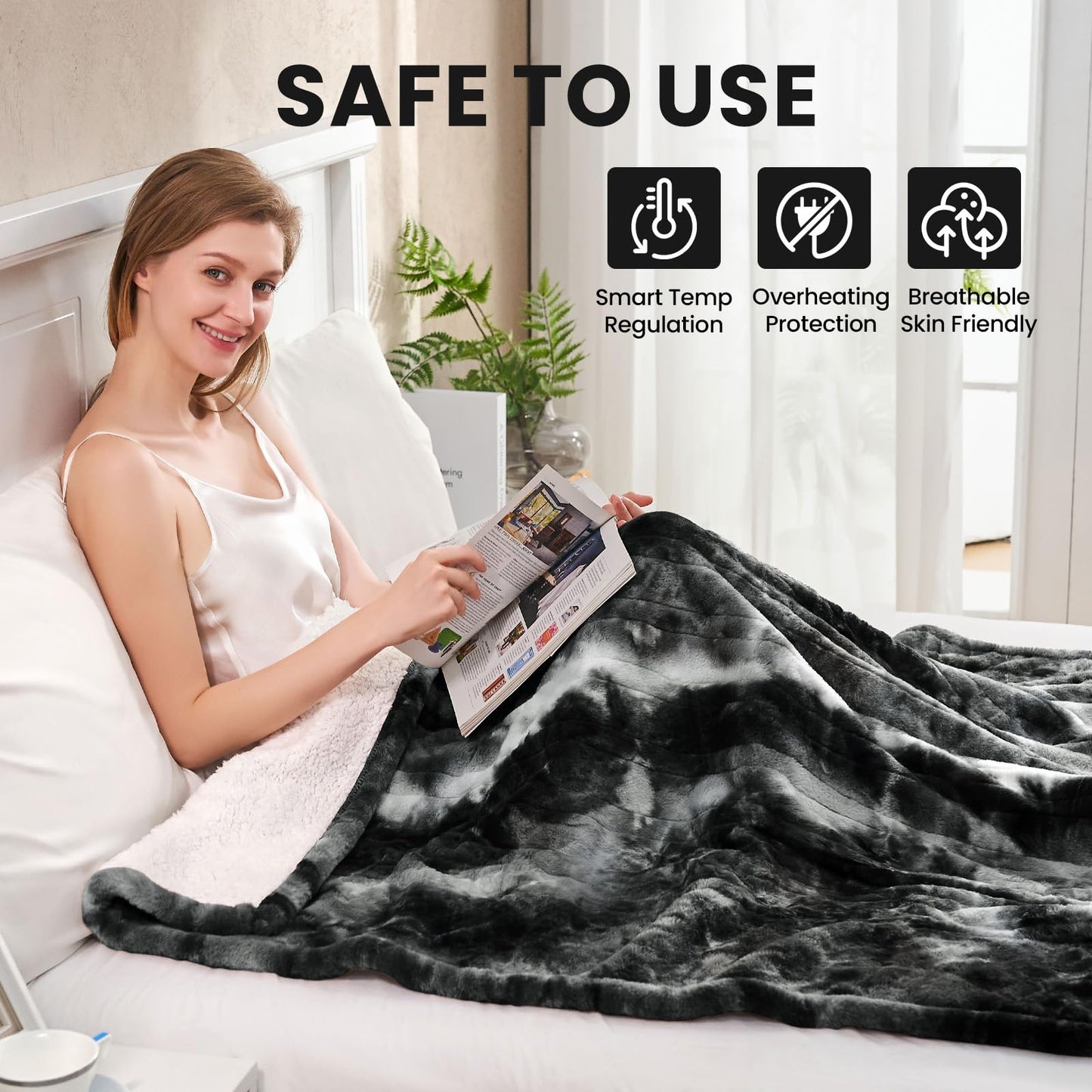 Electric Heated Blanket 50"x60",Luxury Grey Faux Fur Electric Throw Blanket,Fast Heating Soft Fluffy Thick Electric Blanket with 6 Heating Levels & 12H Auto Off