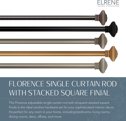 Elrene Home Fashions Florence Single Curtain Rod - Stacked Square Finials, 1" Diameter, Antique Bronze