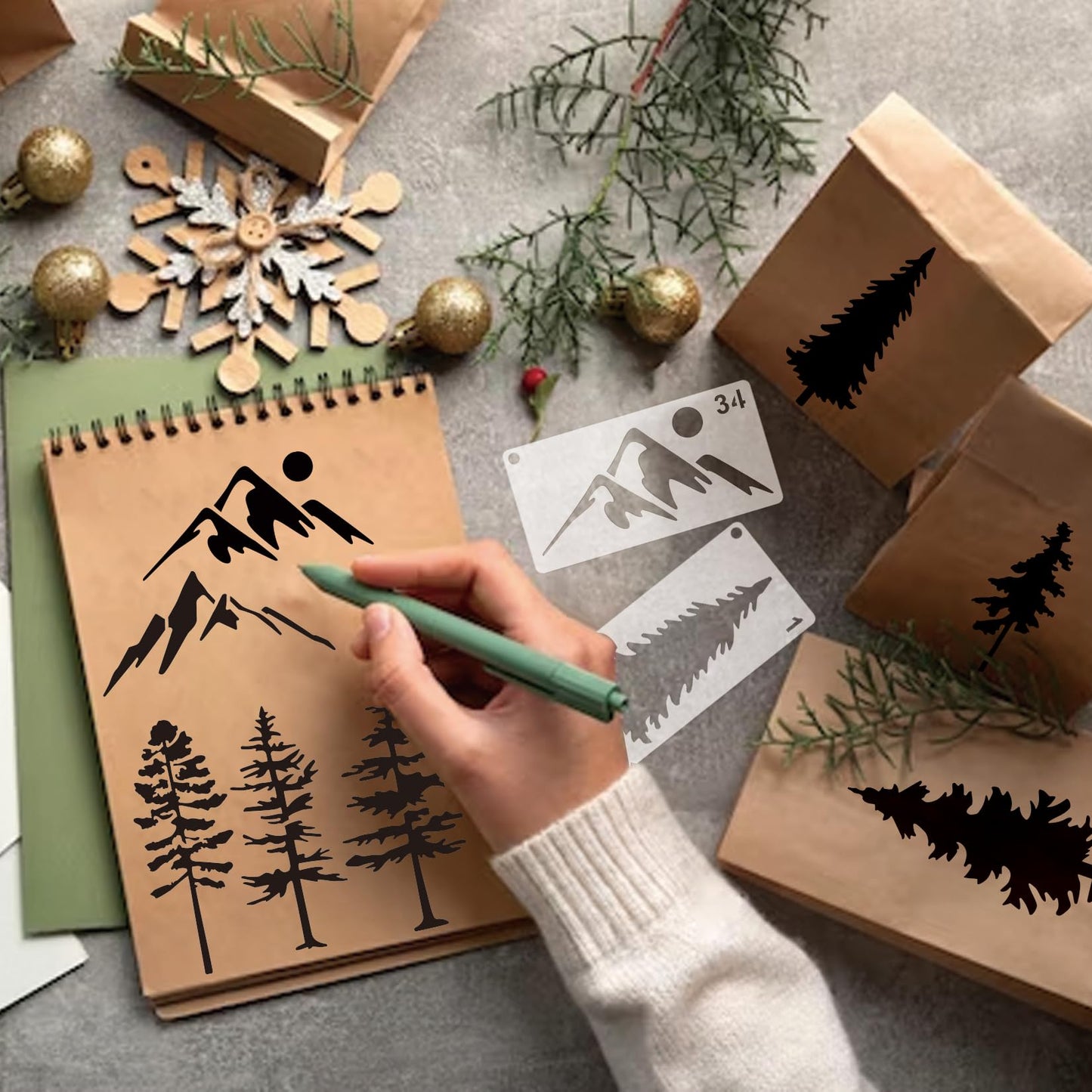Mountain Stencils for Painting on Wood Burning Patterns Pine Tree Stencils Nature Stencil Christmas Tree Paint Template on Art Craft Canvas Wall Fabric Rock (50 Mountain)