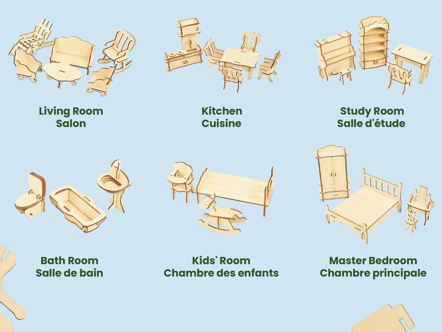 BOHS Wooden Dolls House Furniture 1/12 Scale - 3D Puzzles for Miniature Dollhouse Furniture Accessories - Large,28 PCS