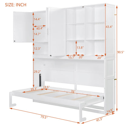 Ball & Cast Twin Size Murphy Bed,Foldable Wall Bed with Top Cabinet,Storage Shelves,Hidden Cabinet Bed Frame with Led Light and USB Port for Bedroom,Guest Room,Space Saving,No Box Spring Needed,White