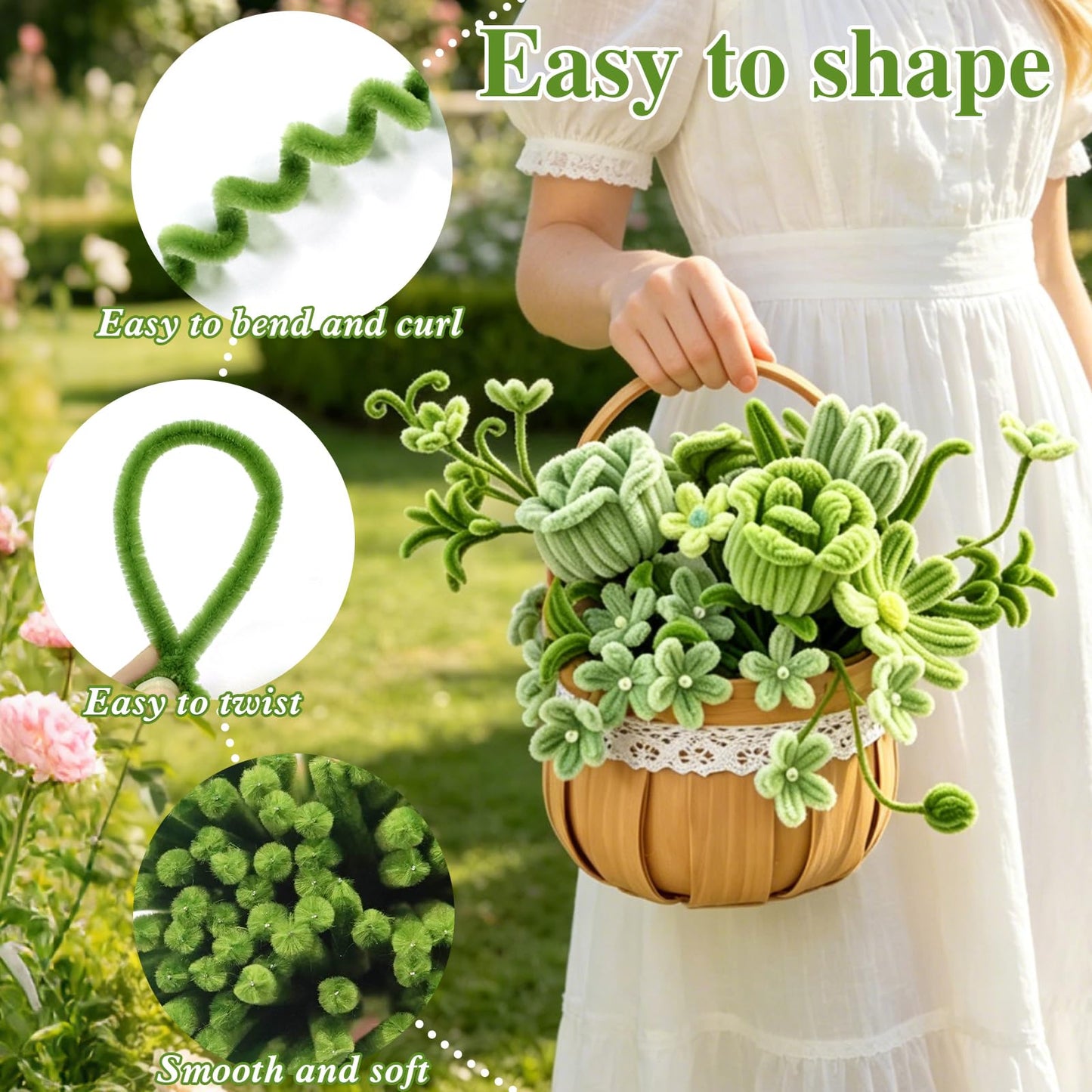 URSDIART 311pcs Green Pipe Cleaners Craft -Chenille Steams Flower Making Kit,Thick Fuzzy Wire with Accessories | limpiapipas para Flores for Arts & Crafts, Classroom Project, Festive Decoration