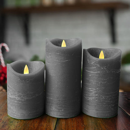 EZiKitchen Real Wax Flameless Candles Set of 3 (D 3" x H 4" 5" 6") Battery Operated LED Candle with Timer Home Decorative Pillar Flickering Lights,Wedding Party Events Decor,Grey