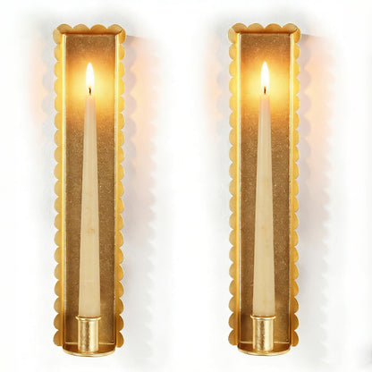 AimtoHome Gold Wall Candle Sconces Set of 2, Scalloped Edge Box-Shaped Cast Iron Farmhouse Church Holders for Taper Candles, Wall Mounted Rustic Candle Sconce for Living Room, Dining Room Decor