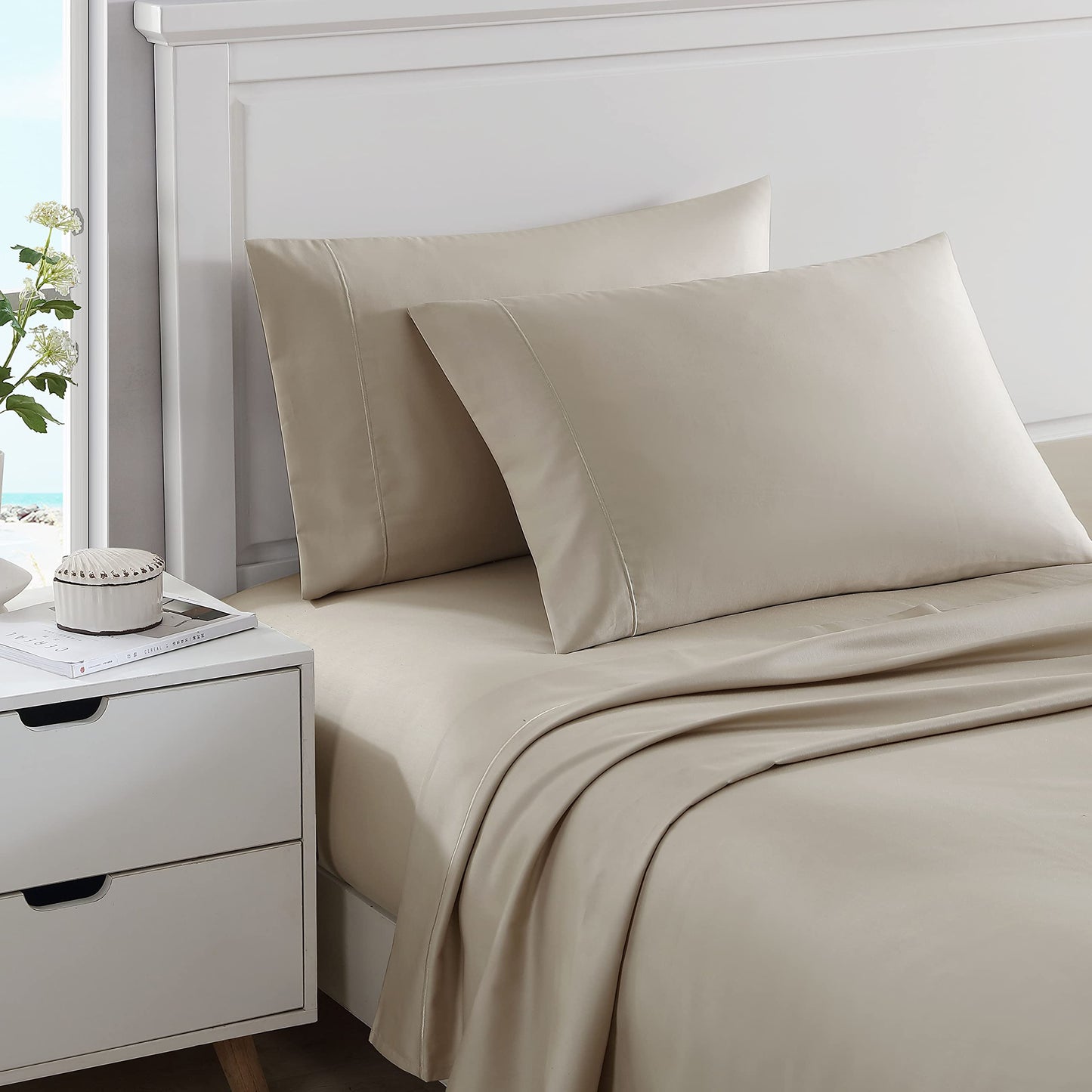 Nautica - King Sheets, Cotton Sateen Bedding, 400 Thread Count, Silky Smooth & Wrinkle Resistant (Regatta Beige, King)