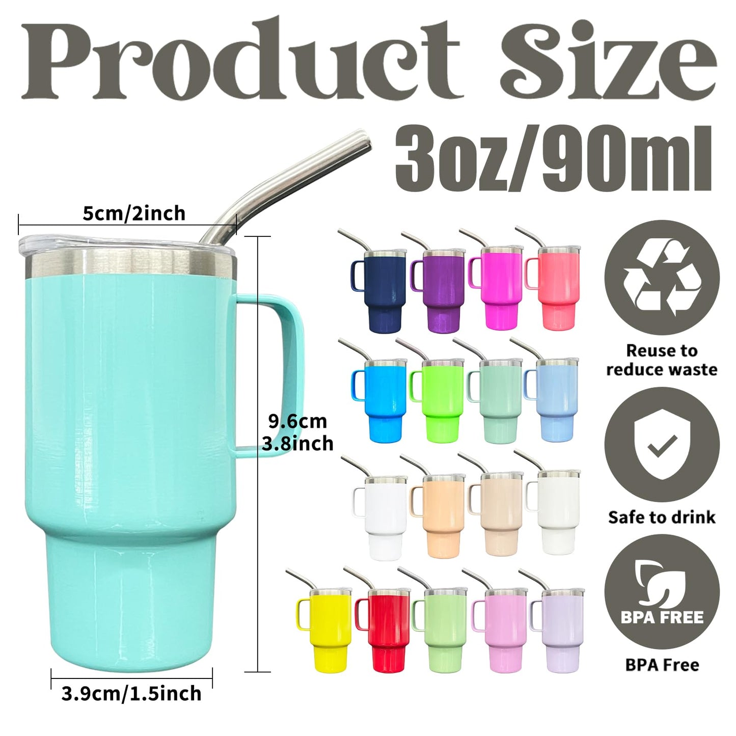 FunTrans 3oz Mini Tumbler Shot Glass with Straw and Lid, 18 Pack Stainless Steel Sublimation Shot Glasses with Handle for Wedding Party Whiskey Cocktail Bar（Color Mix）
