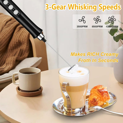 FITNATE Rechargeable Milk Frother with Stand, Handheld Drink Mixer with 3 Stainless Whisks for Coffee & Latte