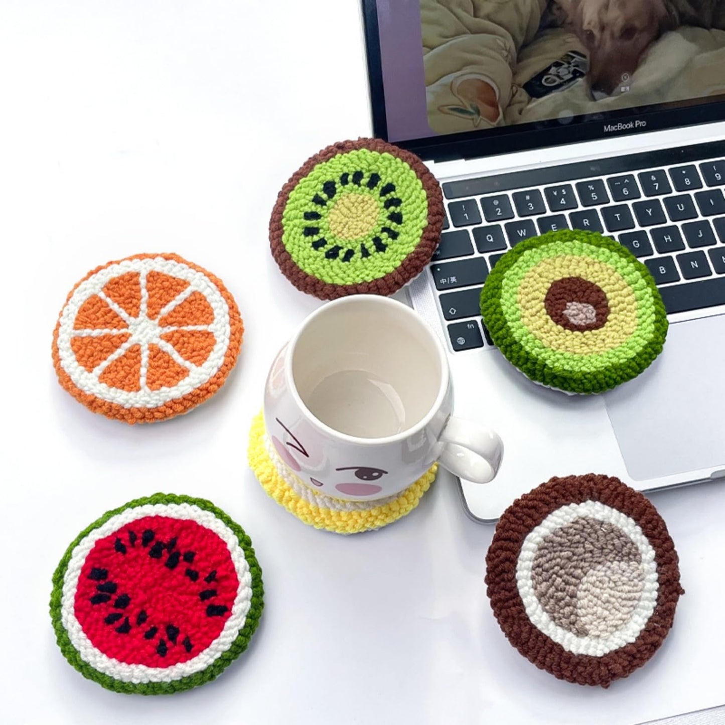 Avtytsda 6PCS Punch Needle Coaster Kit,Easy Punch Needle DIY Embroidery Set with Tools, Yarns, Hoop, Instructions Easy for Beginners, Kids, Adults, Handmade Gift and Decoration (Fruit)