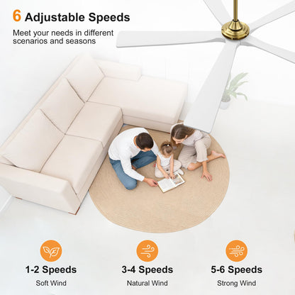WINGBO 60 Inch Ceiling Fan without Light - 5 Carved Solid Wood Blades, 6-Speed Reversible DC Motor, Noiseless Remote Control Ceiling Fan No Light for Bedroom Living Room Kitchen, Gold and White