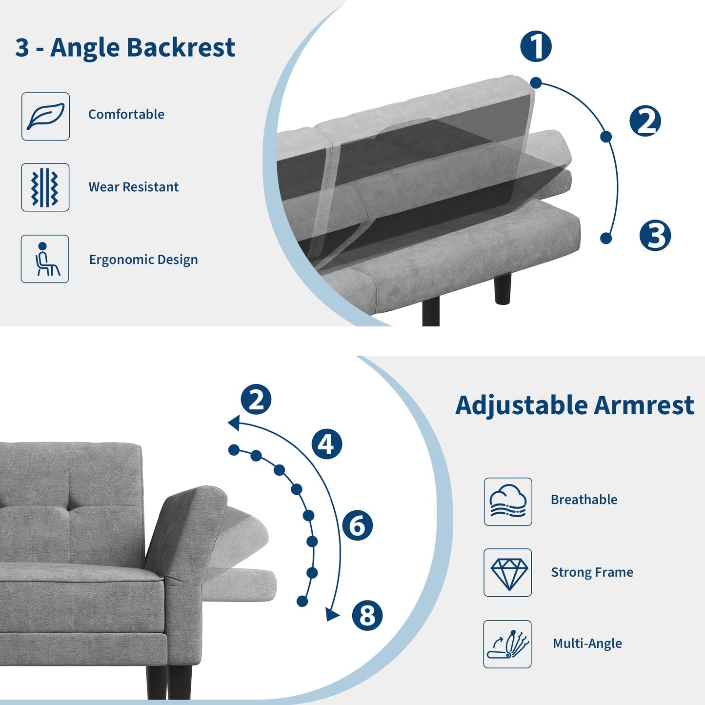 89" Futon Sofa Bed, Modern Sleeper Couch with Adjustable Backrest & Armrest, Convertible Couch Bed with Deep Seat for Living Room Bedroom, Apartments