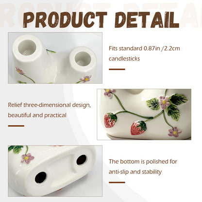 Ceramic Candle Holder Set of 1, Double Tapered Candlestick Holders with Strawberry 3D Relief Design, for Dining Table, Wedding, Home Decor, and Mantelpiece - White