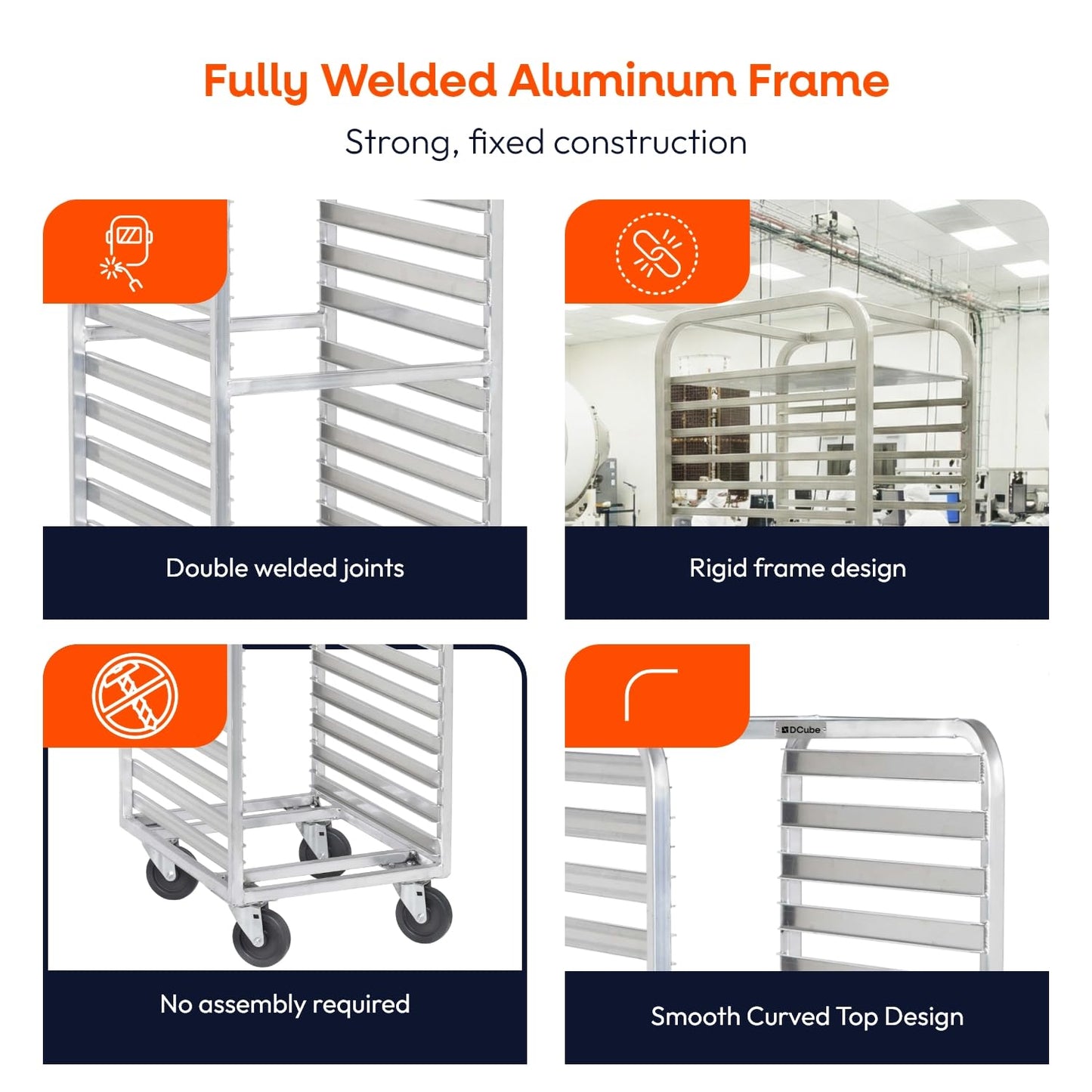 DCUBE Aluminum 20-Pan Bakery Rack with 3" Spacing, Heavy-Duty Double-Welded Frame, Side Load Pan Slides, 5" Polyolefin Swivel Casters, Commercial Sheet Pan Rack for Bakery, Kitchen & Food Service
