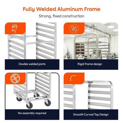 DCUBE Aluminum 20-Pan Bakery Rack with 3" Spacing, Heavy-Duty Double-Welded Frame, Side Load Pan Slides, 5" Polyolefin Swivel Casters, Commercial Sheet Pan Rack for Bakery, Kitchen & Food Service