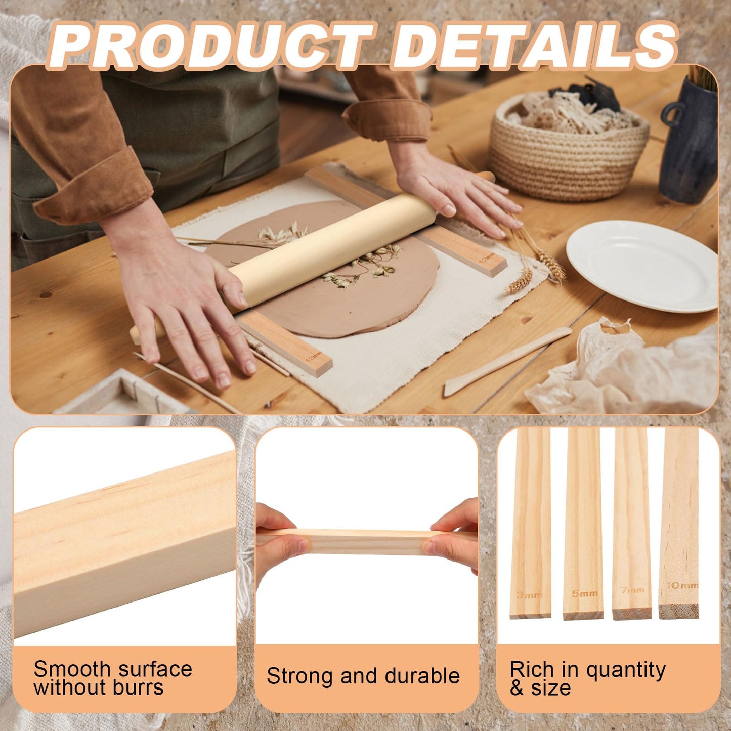 Newtay 12 Pcs Pottery Tools Include 1 Wood Rolling Pin Sculpting Polymer Clay Tools 1 Portable Pottery Wedging Board/Linen Tablecloth and 10 Pcs 5 Size Teaching Rolling Mud Stick Guide (Tablecloth)