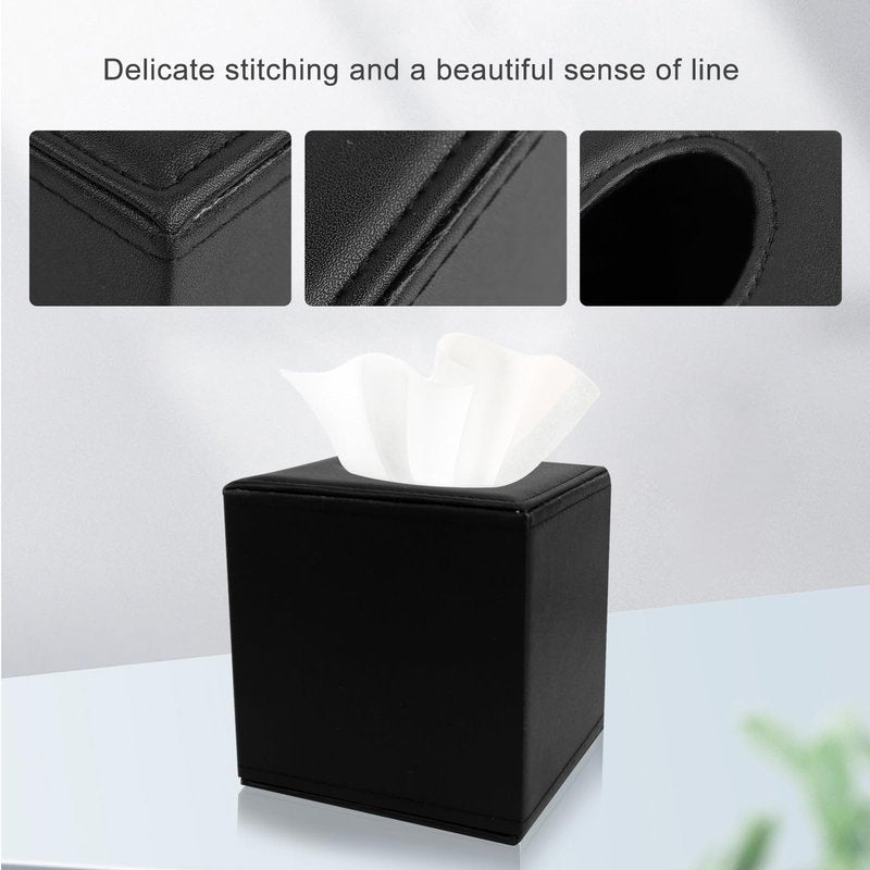 PU Leather Tissue Box Cover with Magnetic Closure,Square Tissue Box Holder with Magnetic Closure at The Bottom，Used for Bathroom Vanity Countertop Night Stands Bedroom Office Desk and Offices-Black