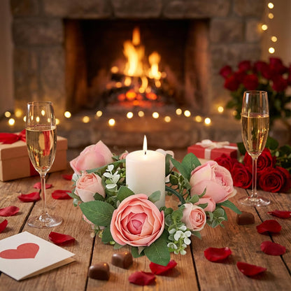 Artificial Rose Candle Rings Wreath Mini Floral Wreaths Pillar Candle Holder with Blooming Flowers and Green Leaves for Wedding Party Home Table Centerpieces Decor (Pink)
