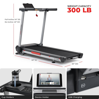 Sunny Health & Fitness Pace 500 Smart Wi-Fi Treadmill with 12-Level Auto Incline, 18" Running Belt, Quiet Brushless Motor, Digital Display, Bluetooth & SunnyFit App – SF-T724081