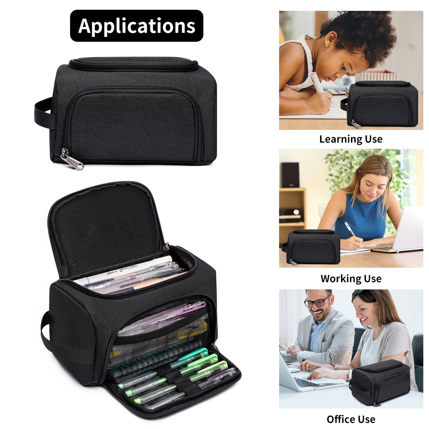 XQXA Large Capacity Pencil Case Organizer, Multifunctional Extra Big Pencil Pouch with Compartmens, Travel Simple Stationery Pen Bag, Fabric Pencil Bag for Men Women Girl Boy (Black)