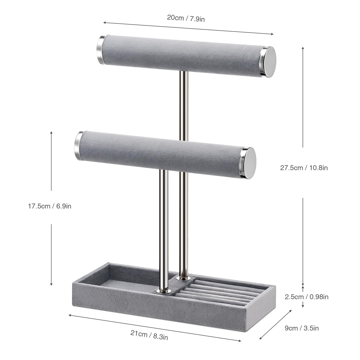 bussdis 2 Tier Bracelet Holder Display - Detachable T Bar Grey Velvet Bracelet Holder, Jewelry Holder Organizer for Bracelet, Necklace, Earrings, Rings