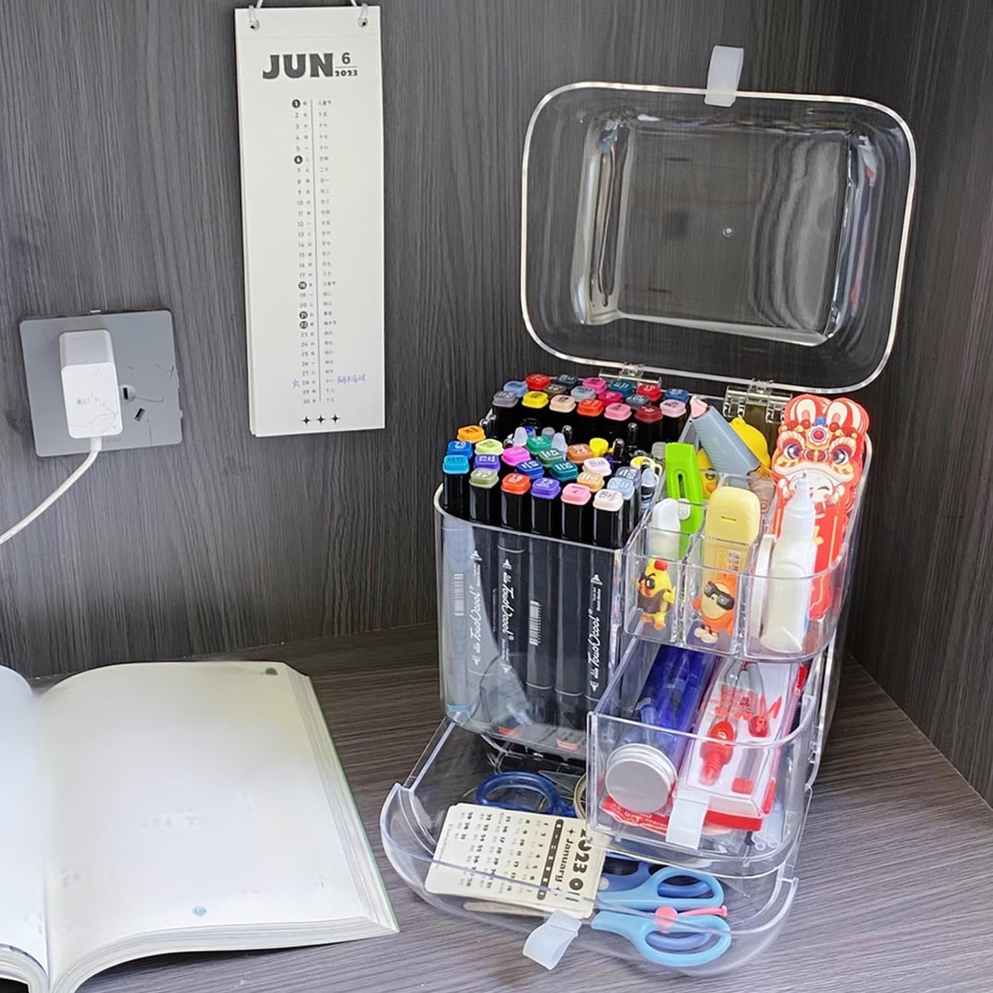 DoMyfit Clear Acrylic Pen Organizer, Desktop Storage Box with Multiple Compartments, Makeup Brush Storage Organizer for Office School Home Supplies