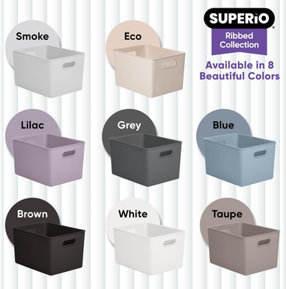 Superio Ribbed Collection - Decorative Plastic Open Storage Bins, X-Large Blue (2 Pack) for Organizing